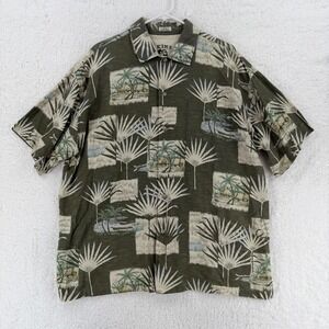 Skins Shirt Mens XL Green Palm Tree Hawaiian Button‎ Front Camp Stretch Comfort